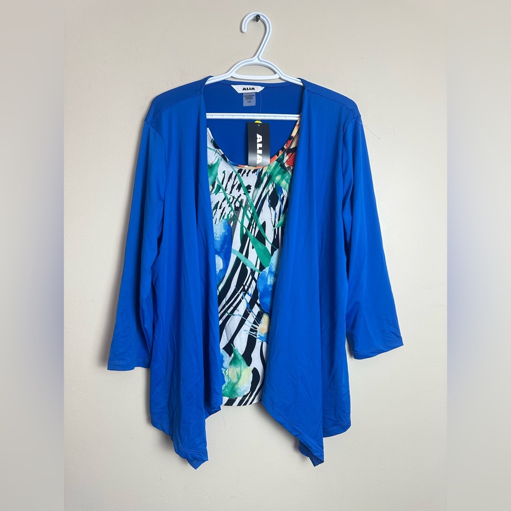 Alia Layered Blouse Size L Royal Blue Printed 2-in-1 Layering Top NWT